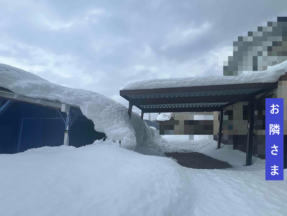 屋根に積もった雪が滑り落ちてカーポートが傾きお隣様のご自宅に倒れかかっていました
