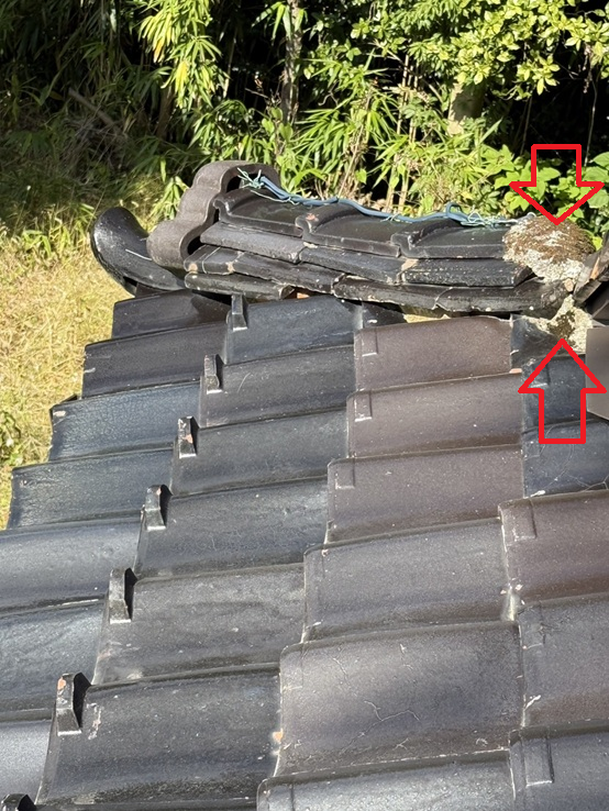 隅棟のズレと漆喰のコケ